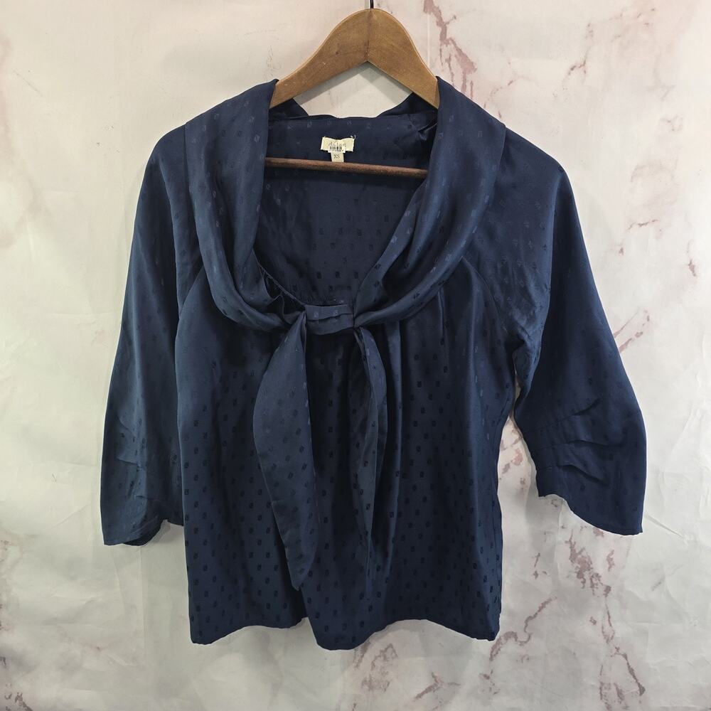 Anthropologie Top Womens XS Blue Satin Dolan Square Bow Tie Knot Navy Nautical